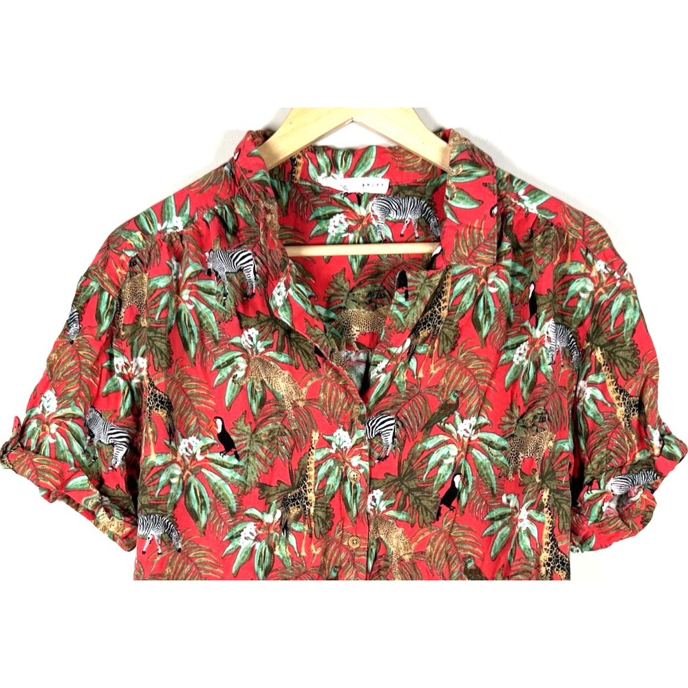 Jane + Delancey XL Button Front Short Sleeve Top Jungle Tropical Vacay Print NEW